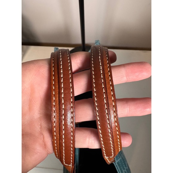 Kate Spade New York Aqua Blue Dot Noel Jacquard Tote Bag with Tan Leather Trim - Picture 4 of 7